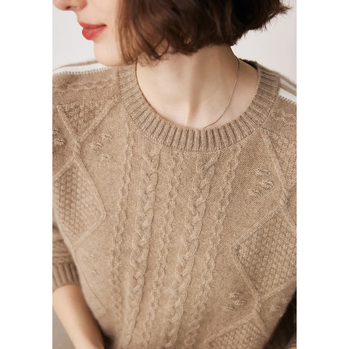 100% Cashmere Crew Neck Intarsia Knitted Sweater