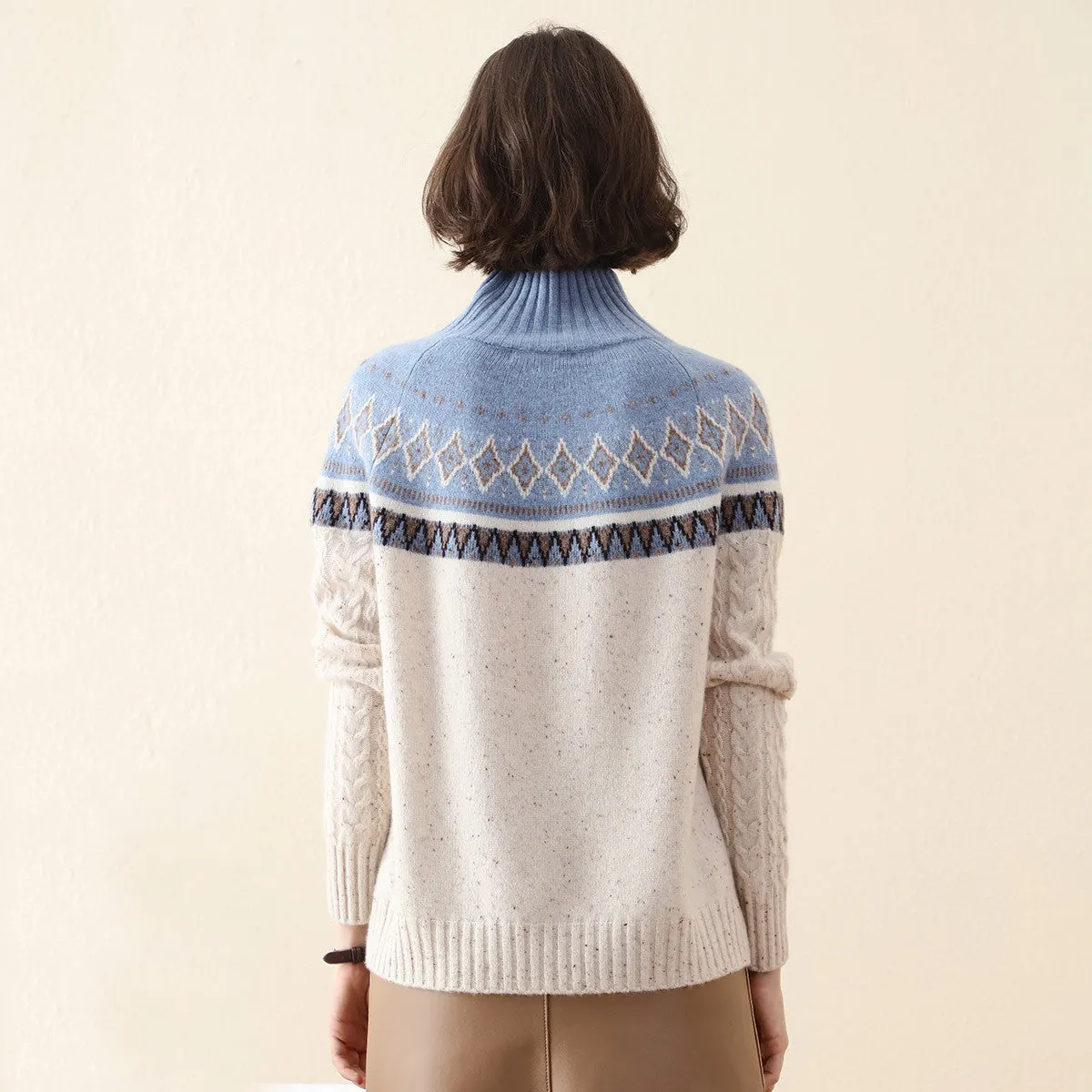 100% Cashmere Mock Neck Nordic Cable Knit Sweater