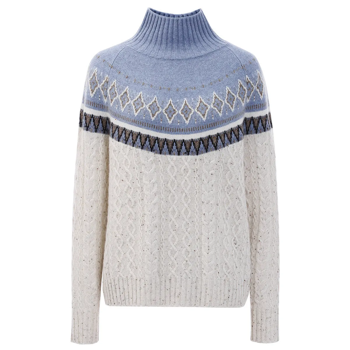 100% Cashmere Mock Neck Nordic Cable Knit Sweater