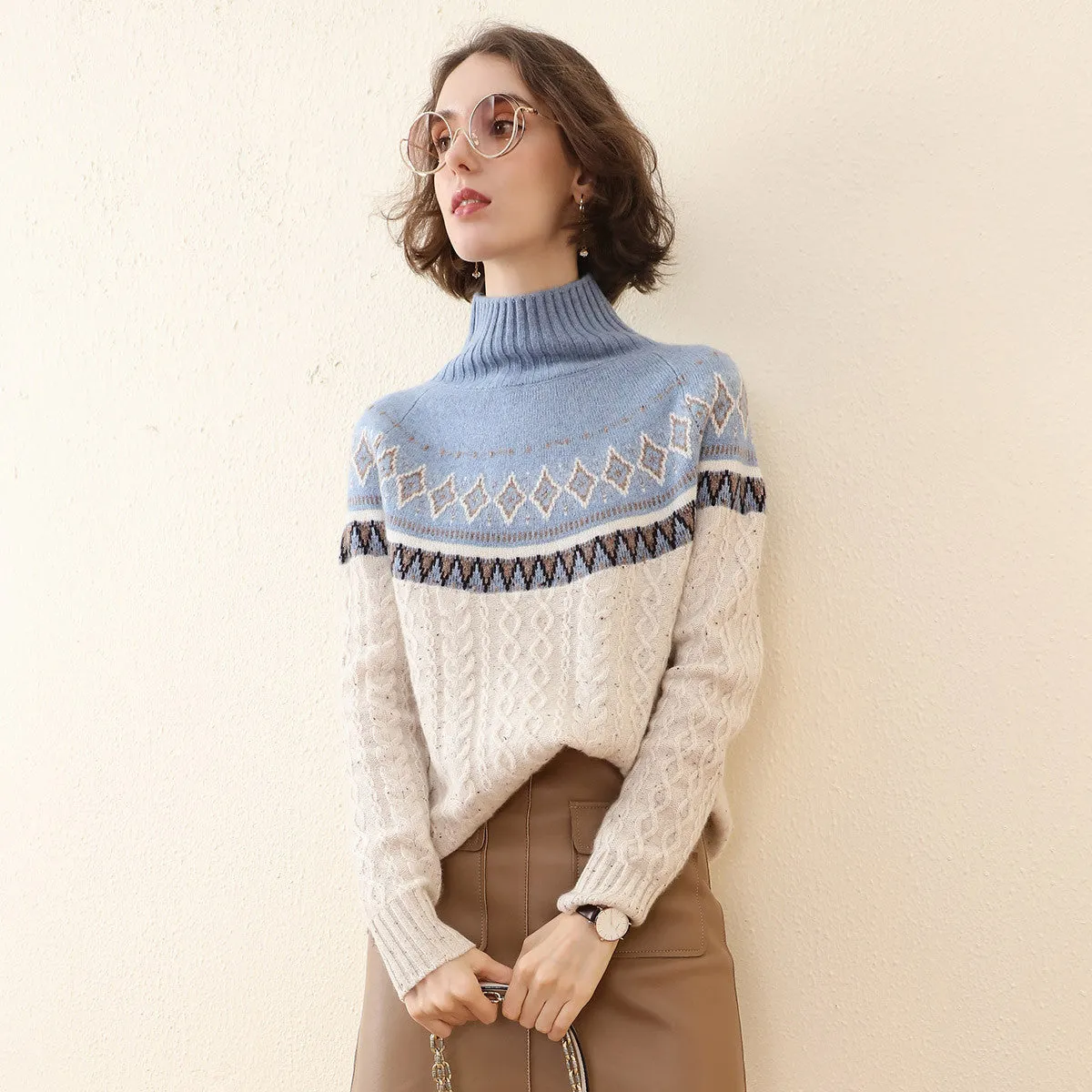 100% Cashmere Mock Neck Nordic Cable Knit Sweater