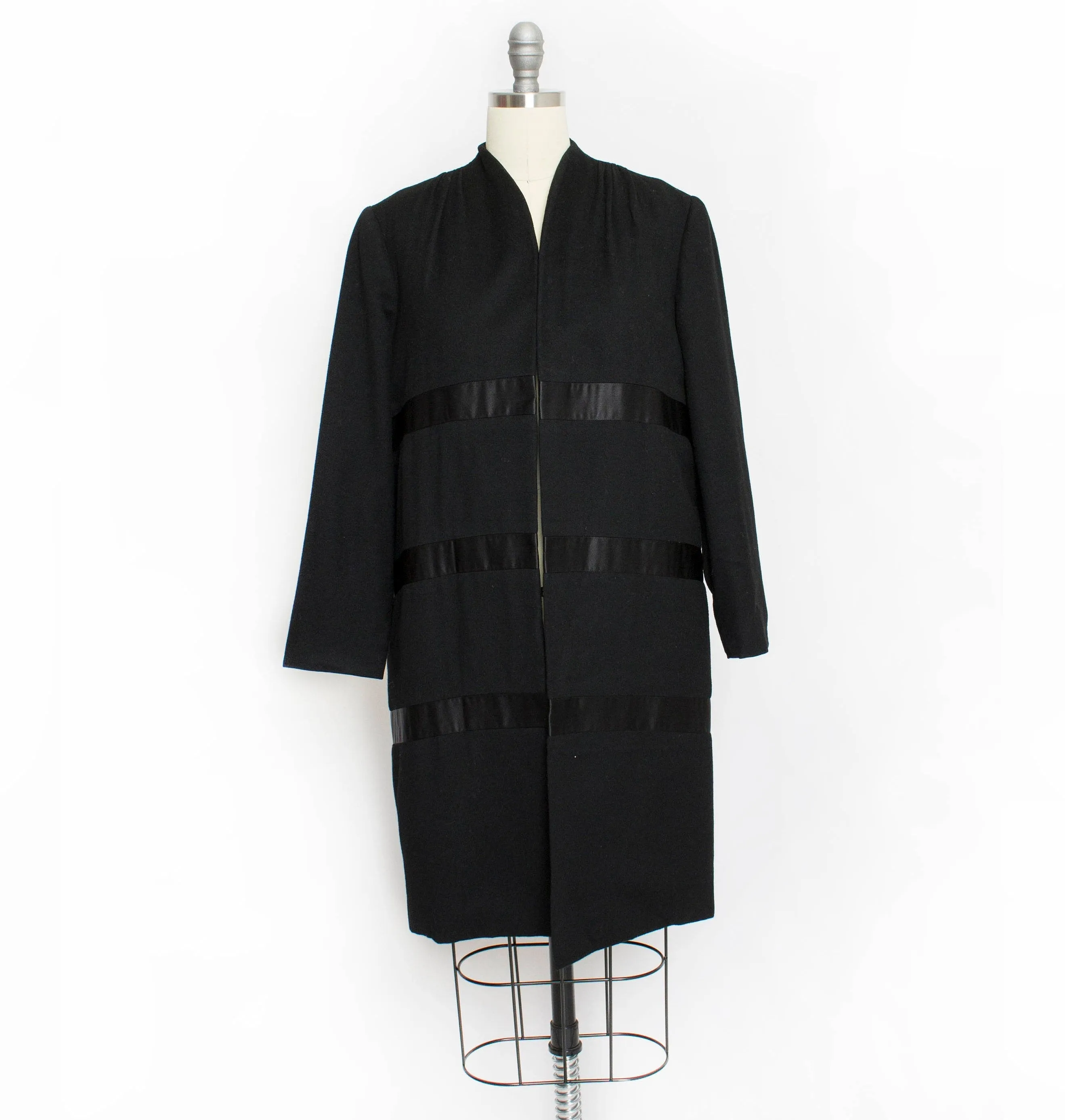 1950s Coat Satin Striped Black Wool Cashmere Small