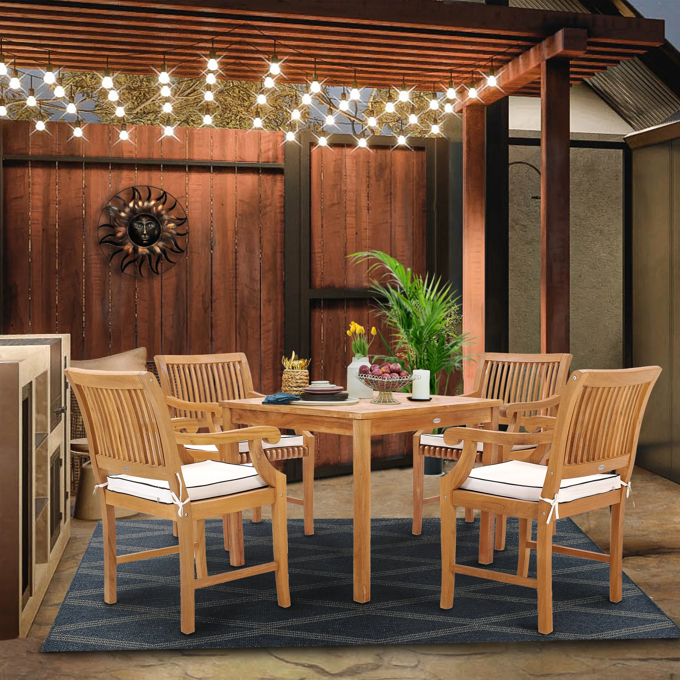 5 Piece Teak Wood Florence Bistro Dining Set with 35" Square Table and 4 Arm Chairs