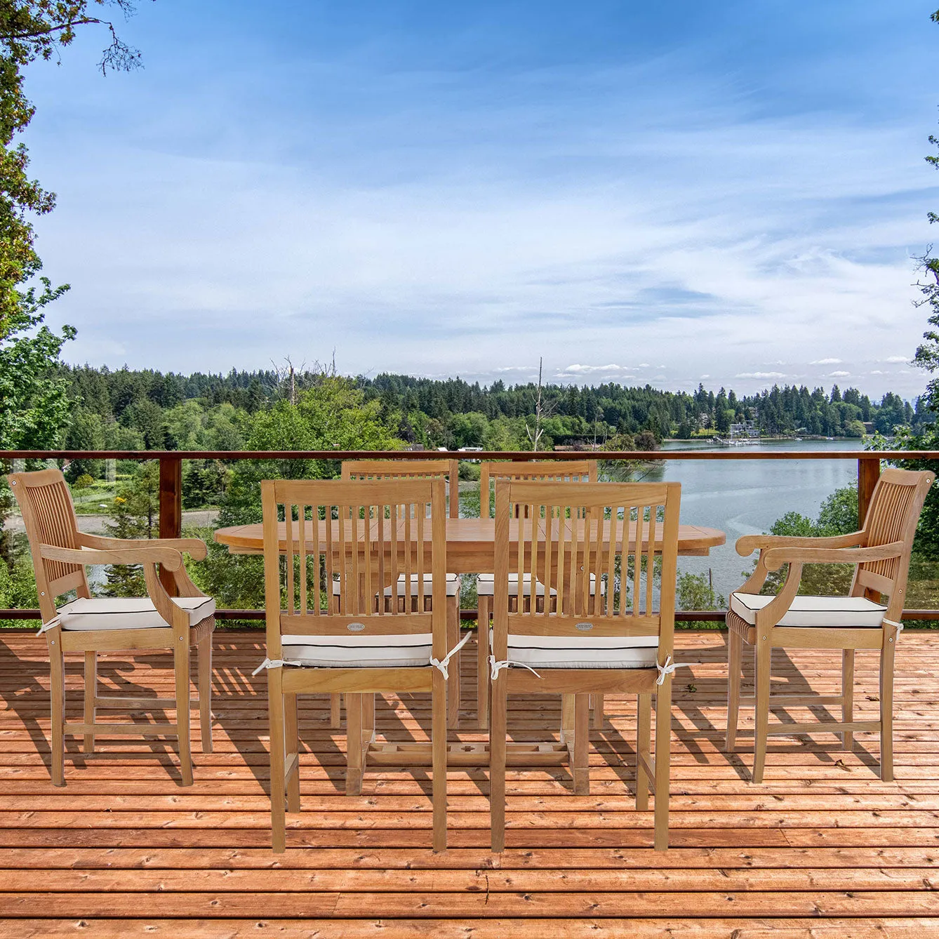 7 Piece Teak Wood Castle Patio Dining Set with Round to Oval Extension Table, 4 Side Chairs and 2 Arm Chairs