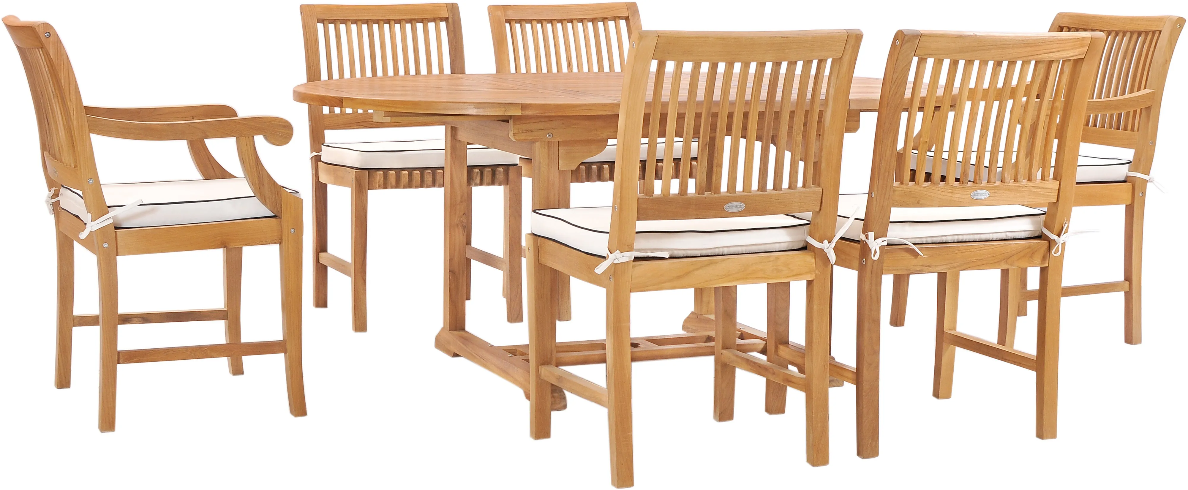 7 Piece Teak Wood Castle Patio Dining Set with Round to Oval Extension Table, 4 Side Chairs and 2 Arm Chairs