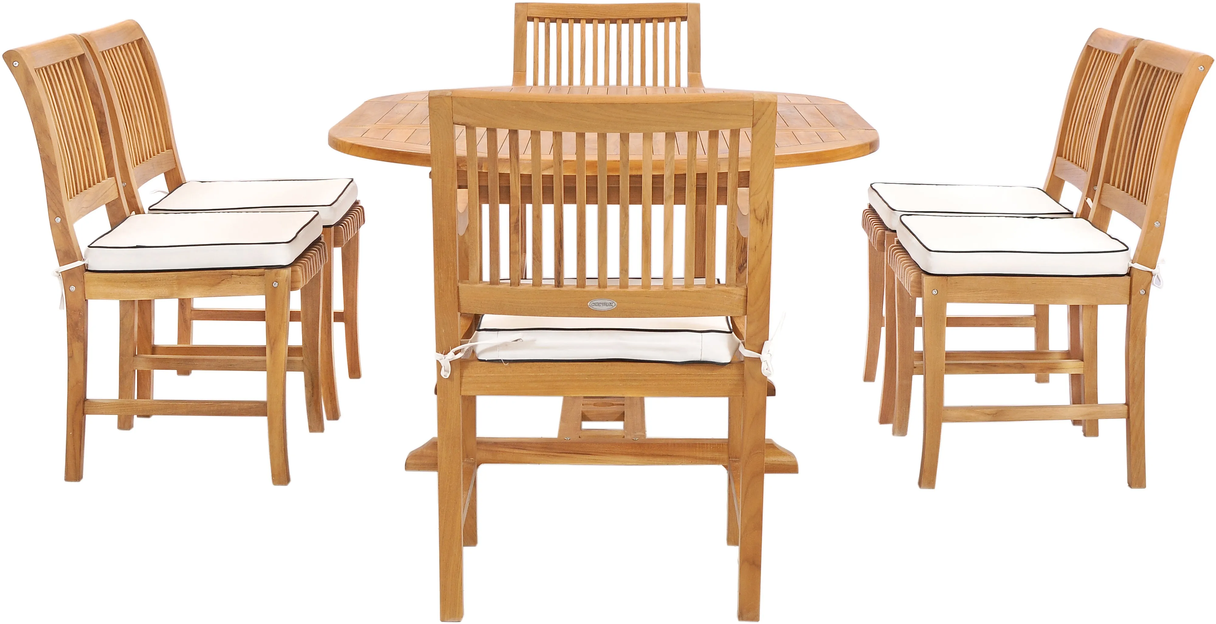 7 Piece Teak Wood Castle Patio Dining Set with Round to Oval Extension Table, 4 Side Chairs and 2 Arm Chairs