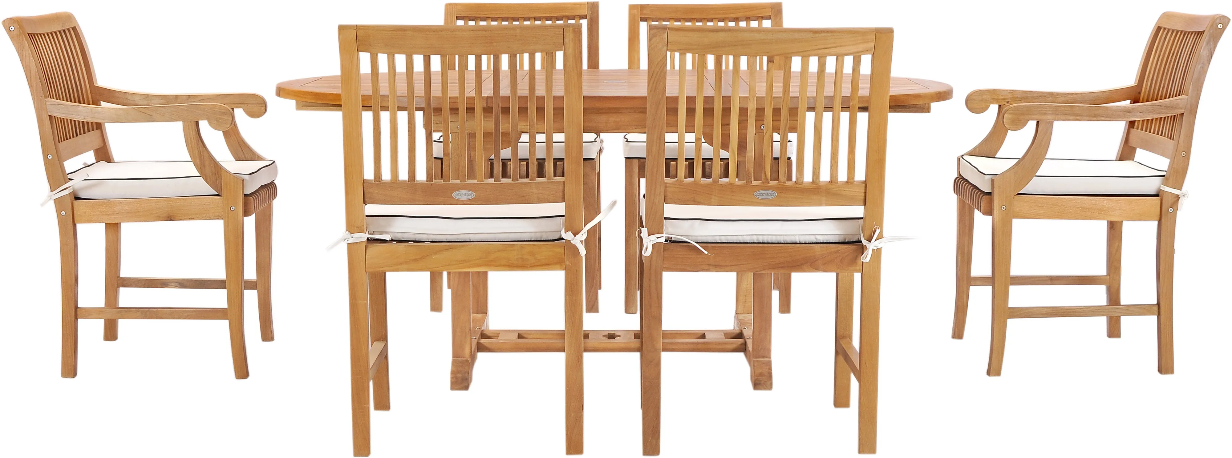 7 Piece Teak Wood Castle Patio Dining Set with Round to Oval Extension Table, 4 Side Chairs and 2 Arm Chairs