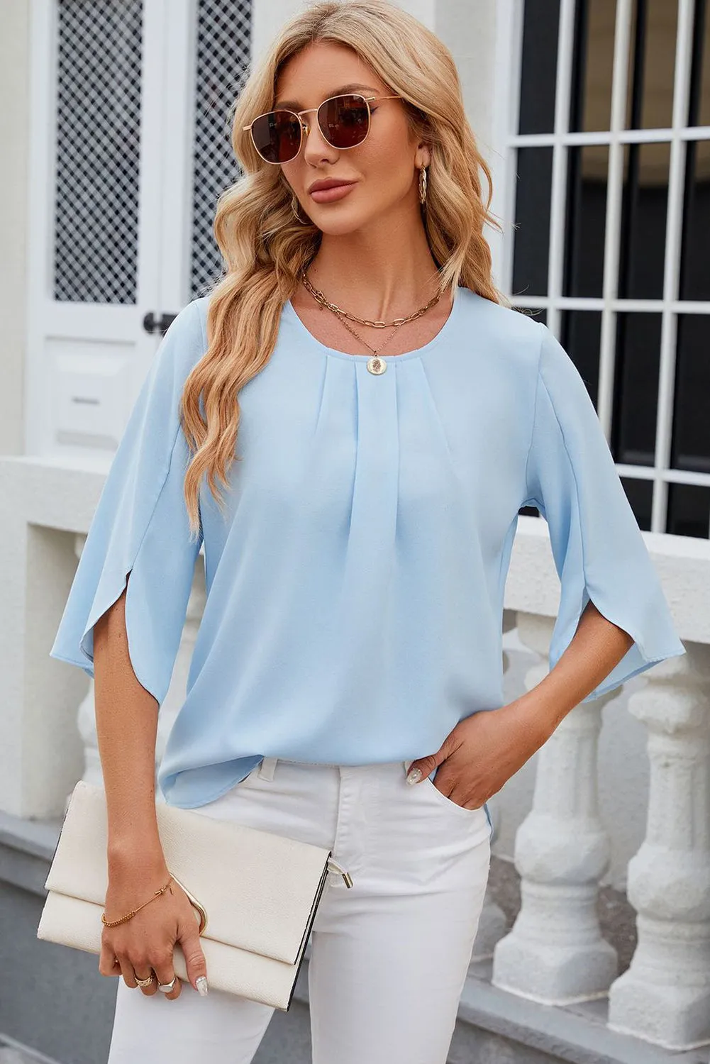 Beau Blue Pleated Round Neck Founce Sleeve Blouse