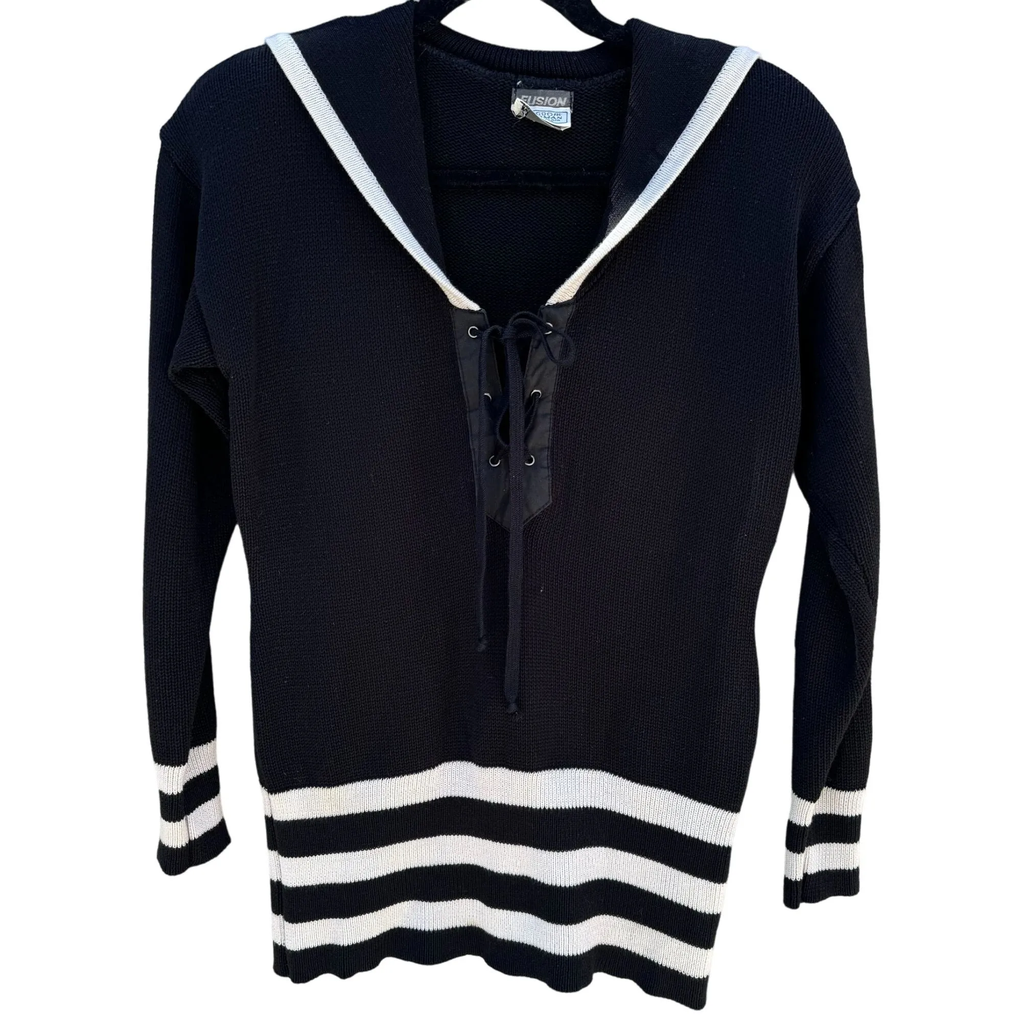 Bergdorf Goodman Fusion Vintage Women's Black White Striped Knit Sailor Sweater