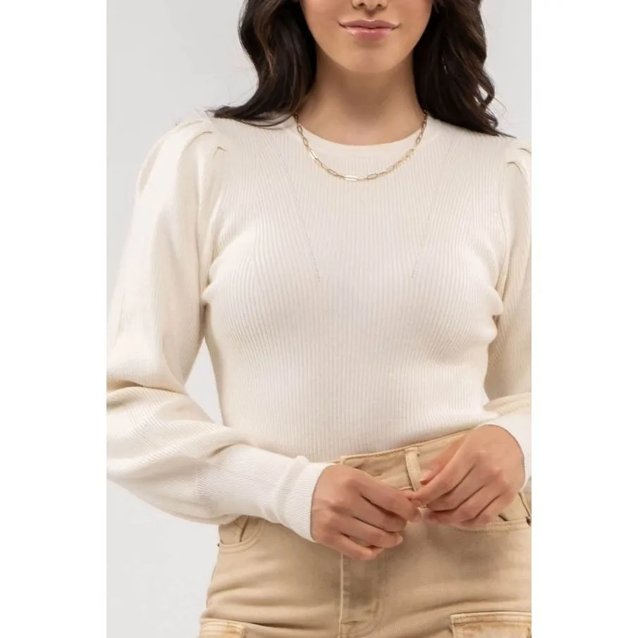 Bishop Sleeve Rib Knit Sweater