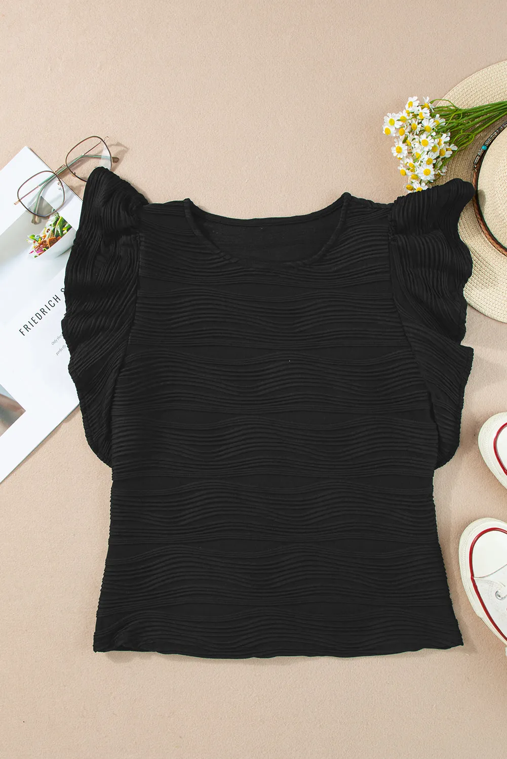 Black Plain Wavy Textured Ruffle Sleeve Blouse