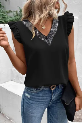 Black Sequin Splicing V Neck Flutter Sleeve Blouse