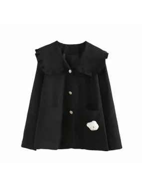 Black Solid Women Jacket For  Cartoon Appliques Winter Single Breasted Long Sleeve Ruffled Neck Casual Outwears Coat