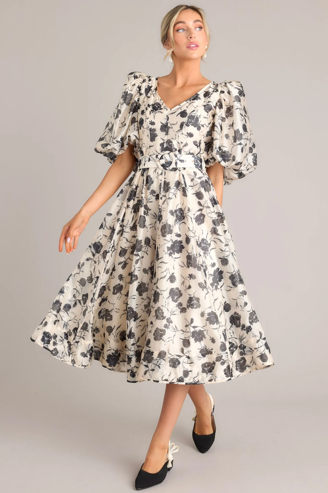 Blossoming Resilience Ivory & Black Floral Belted Midi Dress