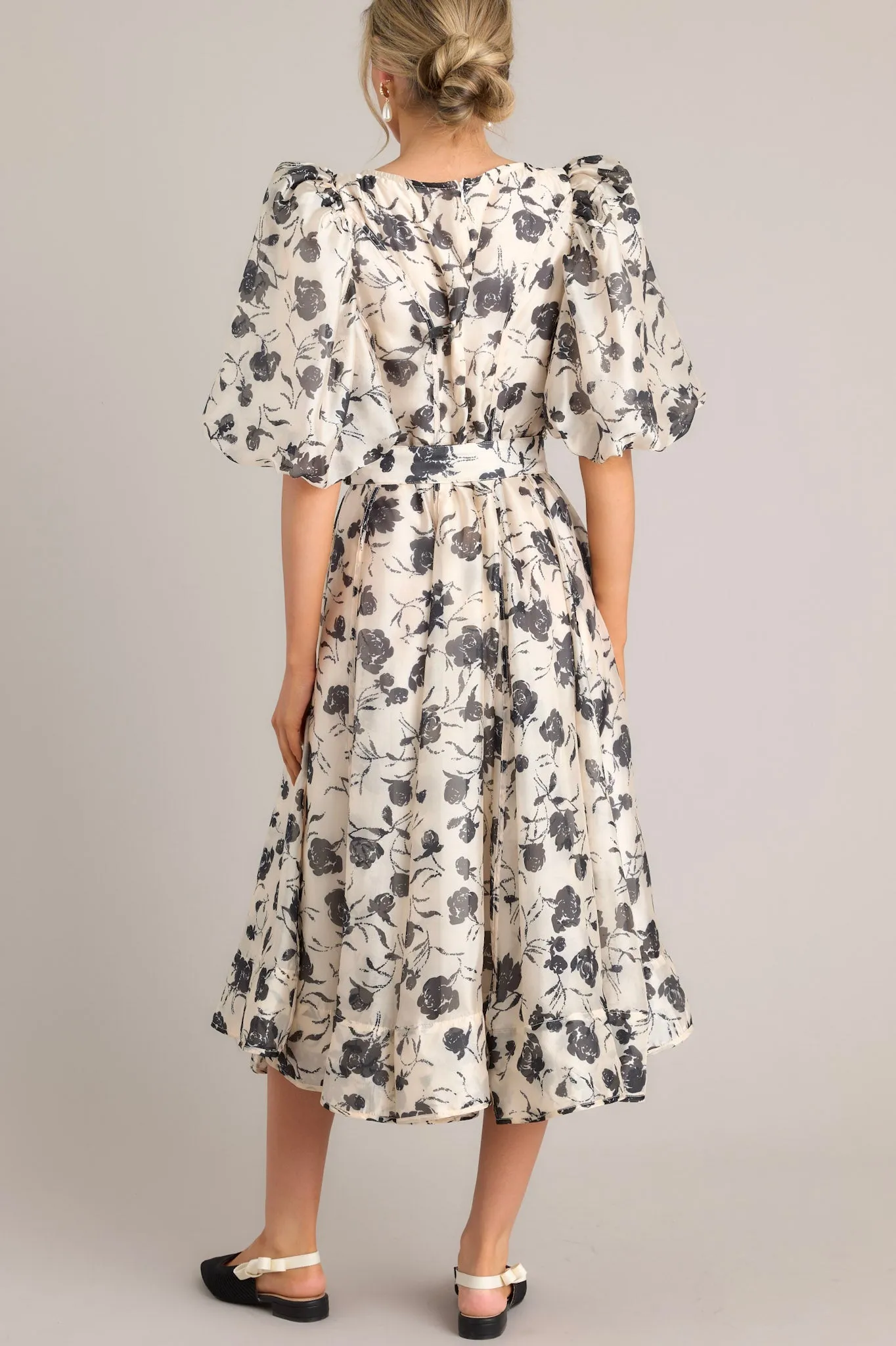 Blossoming Resilience Ivory & Black Floral Belted Midi Dress