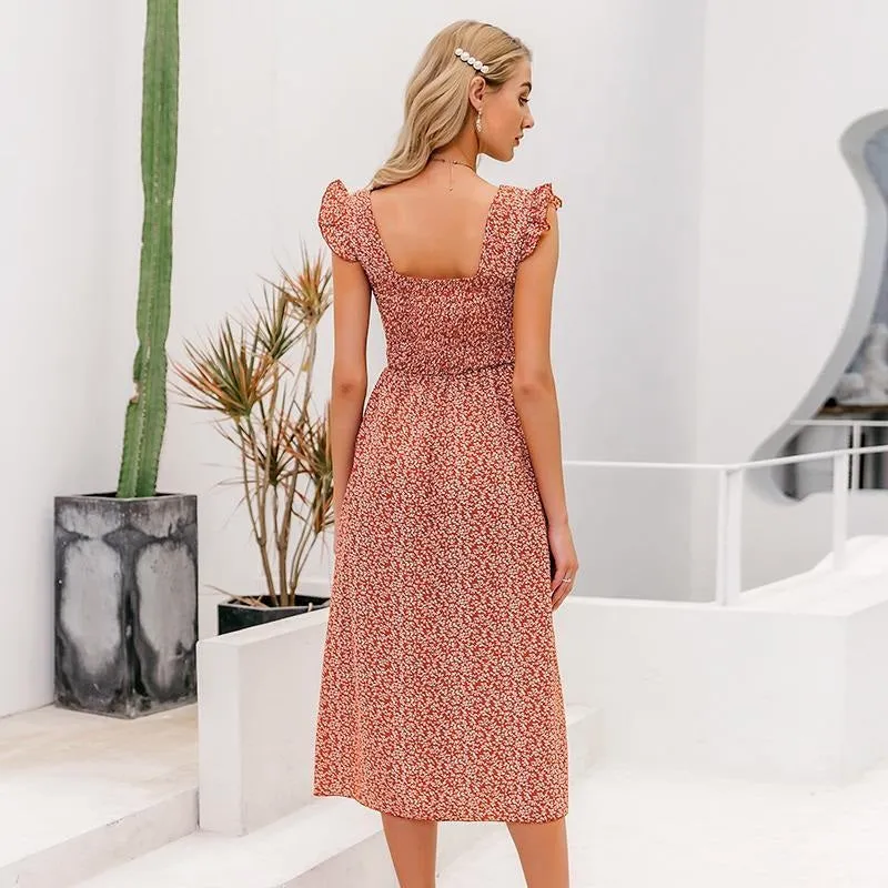 Bohemian Style Summer Elegant Floral Print Long Bohemian Midi Dress