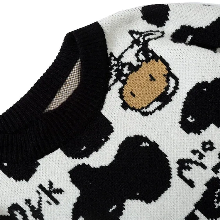 Cartoon Cow Print Pullover Knit Sweater - Cute and Cozy