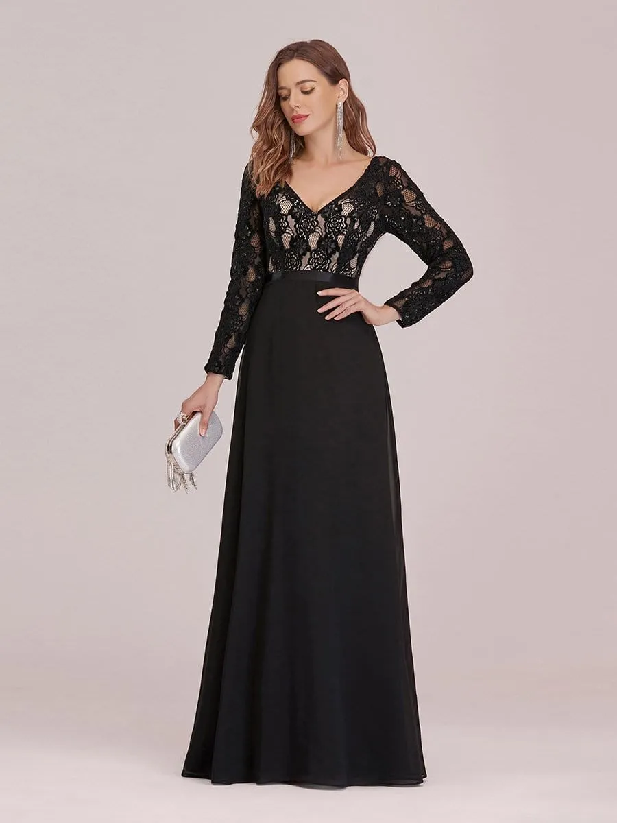 Chic A-Line Maxi Chiffon Evening Gowns with See-through Lace