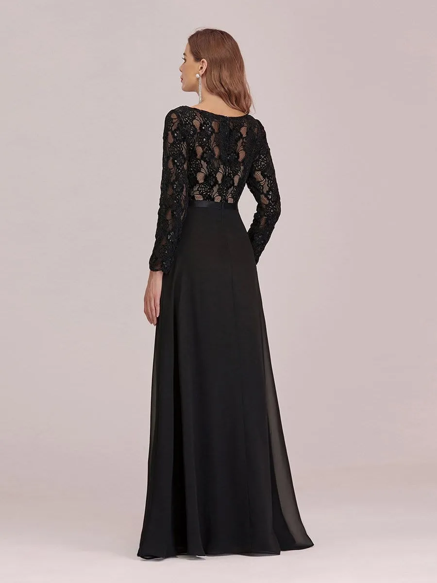 Chic A-Line Maxi Chiffon Evening Gowns with See-through Lace