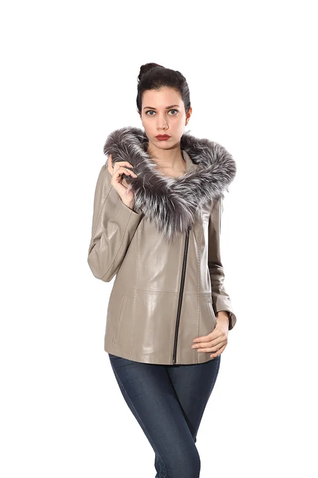 Cidra Womens Real Silver Fox Fur Hooded Leather Jacket