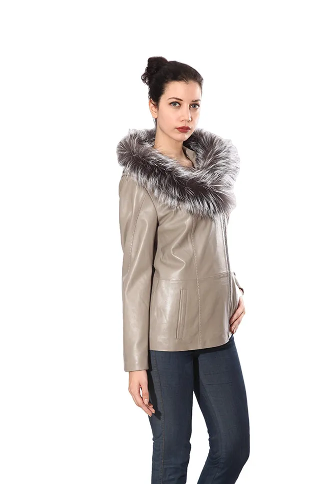 Cidra Womens Real Silver Fox Fur Hooded Leather Jacket