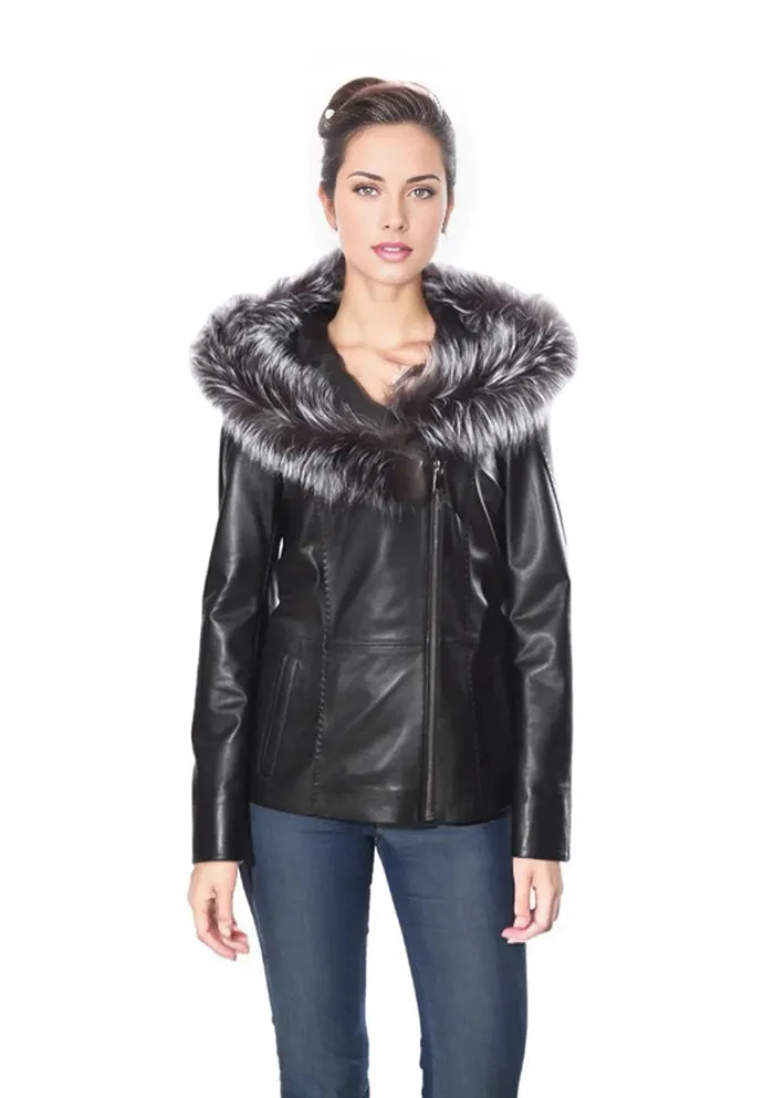 Cidra Womens Real Silver Fox Fur Hooded Leather Jacket