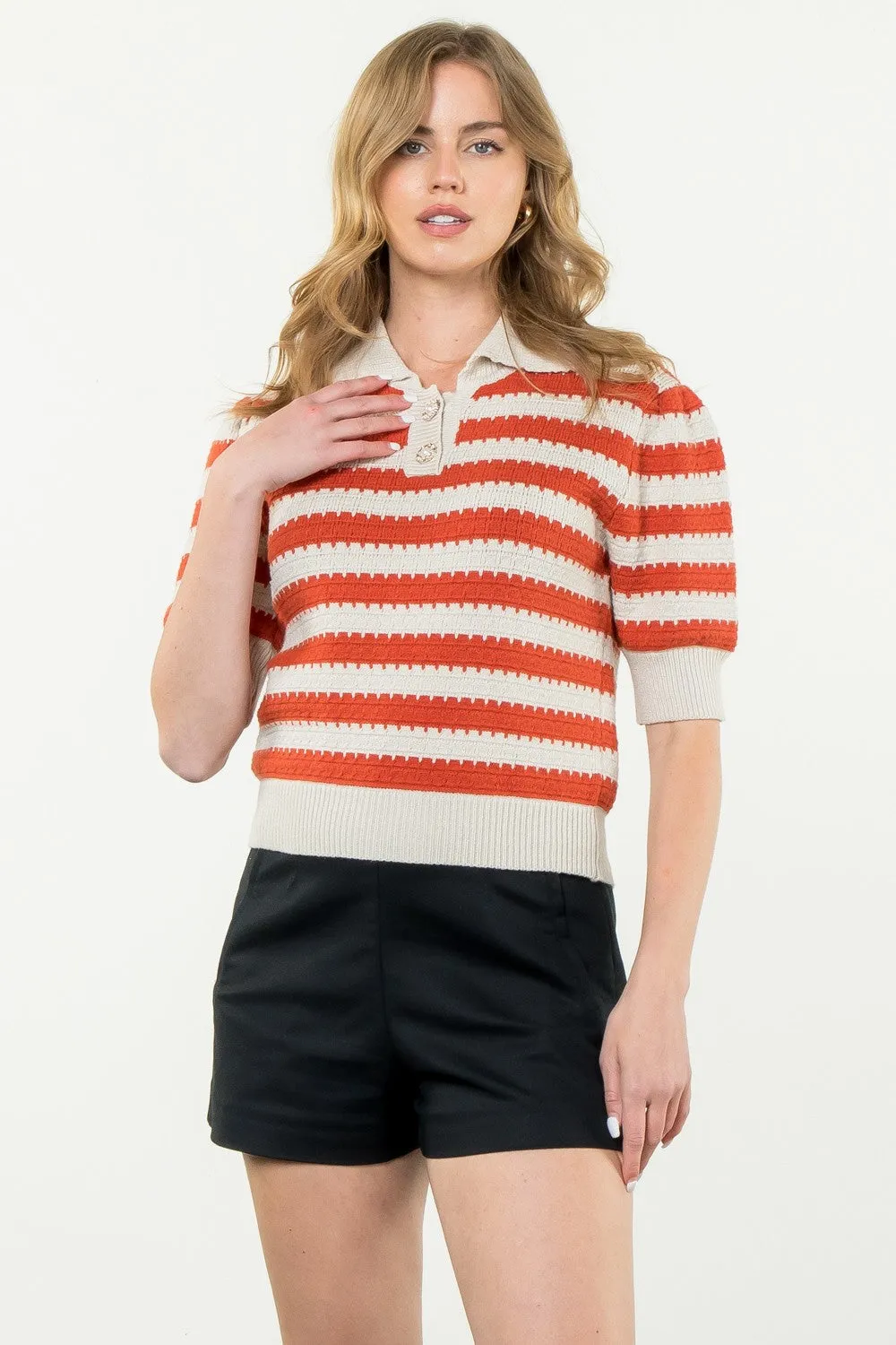 Collared Striped Knit Top