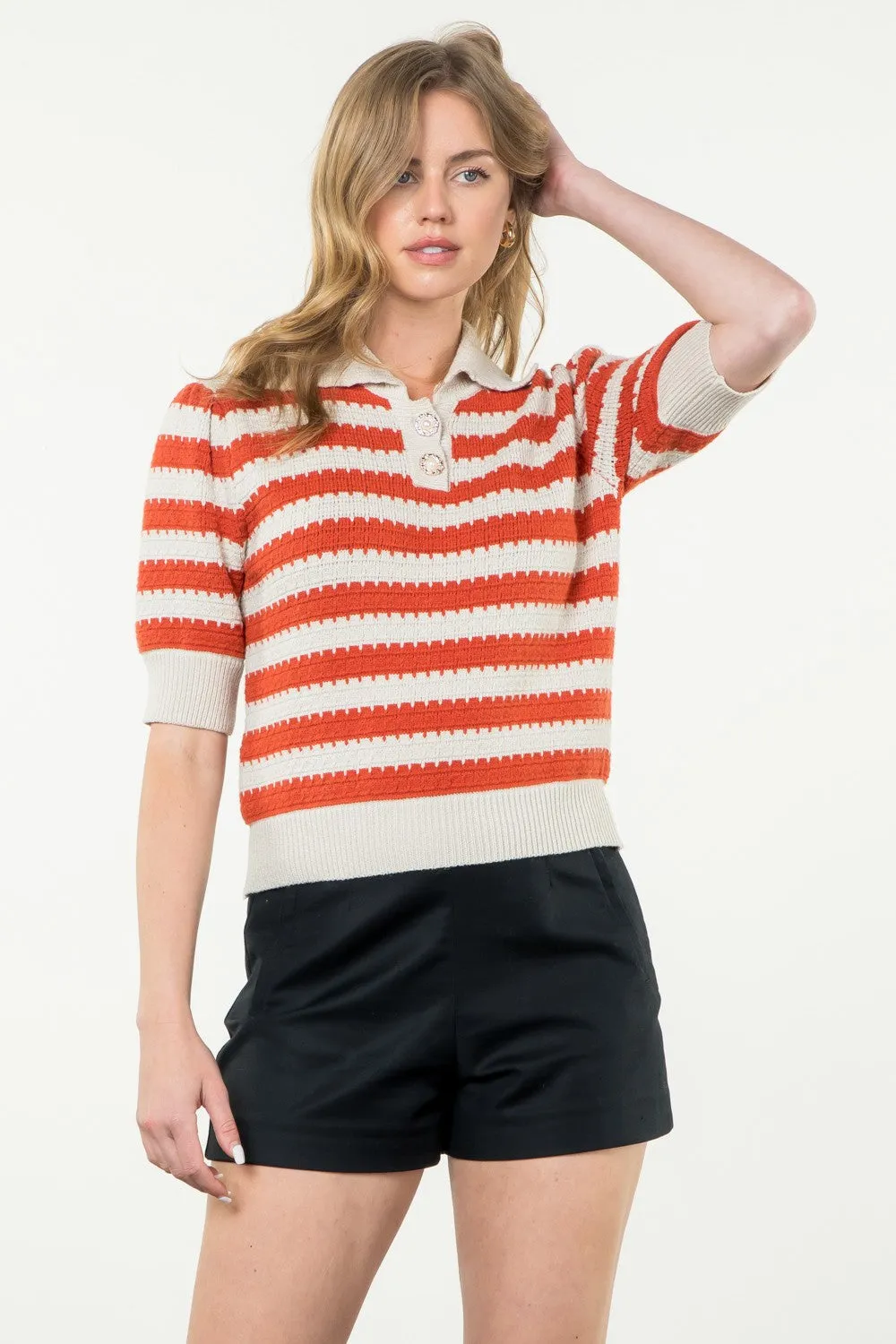 Collared Striped Knit Top