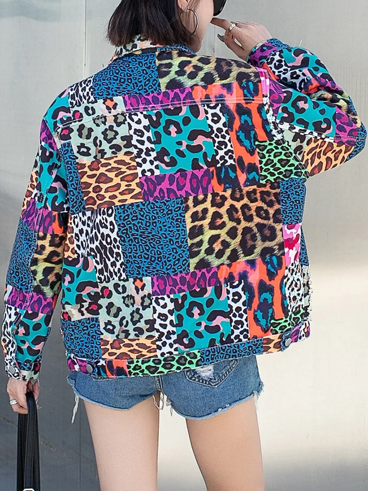 Colorblock Leopard Patchwork Embroidered Flares Jackets For Women Lapel Long Sleeve Casual Chic Jacket Female