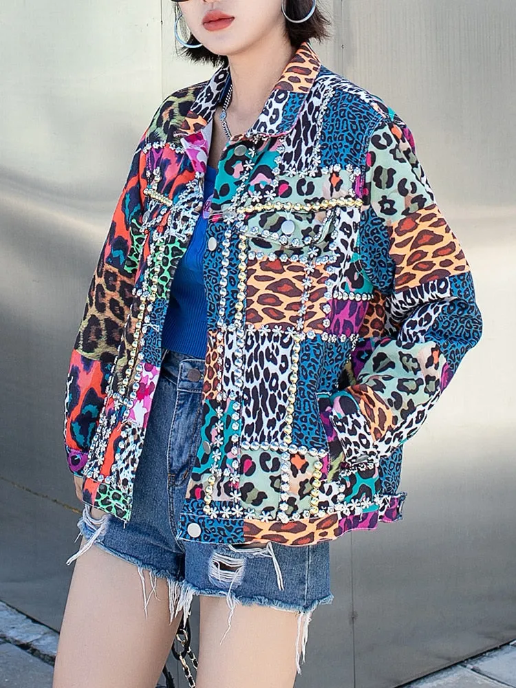 Colorblock Leopard Patchwork Embroidered Flares Jackets For Women Lapel Long Sleeve Casual Chic Jacket Female