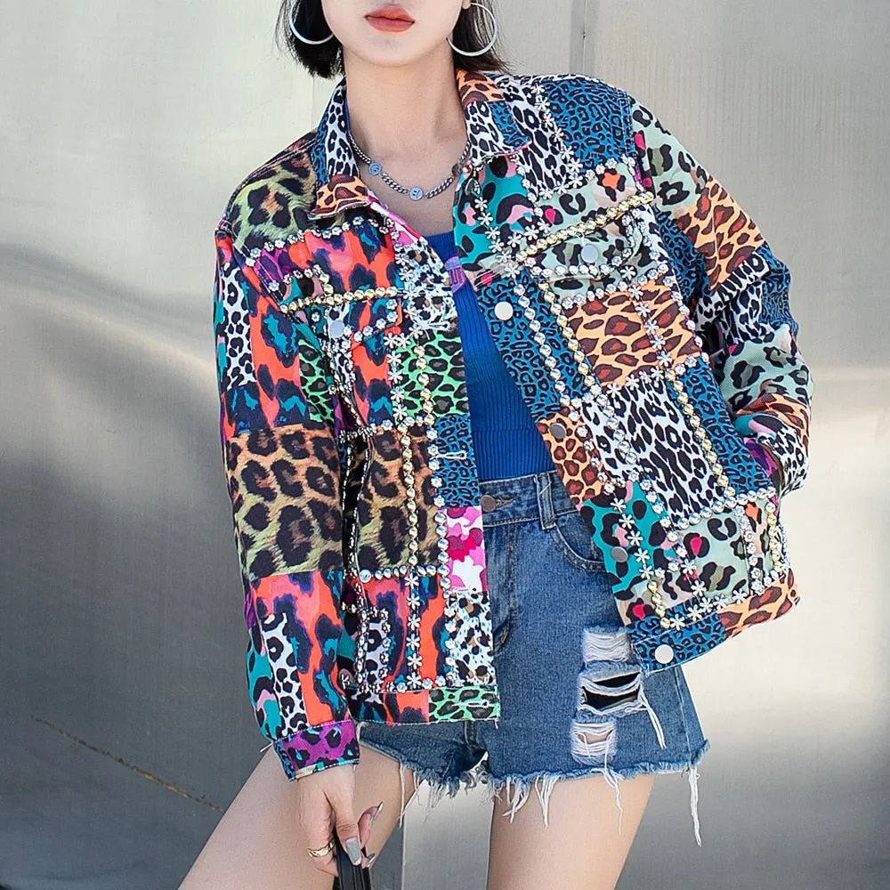 Colorblock Leopard Patchwork Embroidered Flares Jackets For Women Lapel Long Sleeve Casual Chic Jacket Female