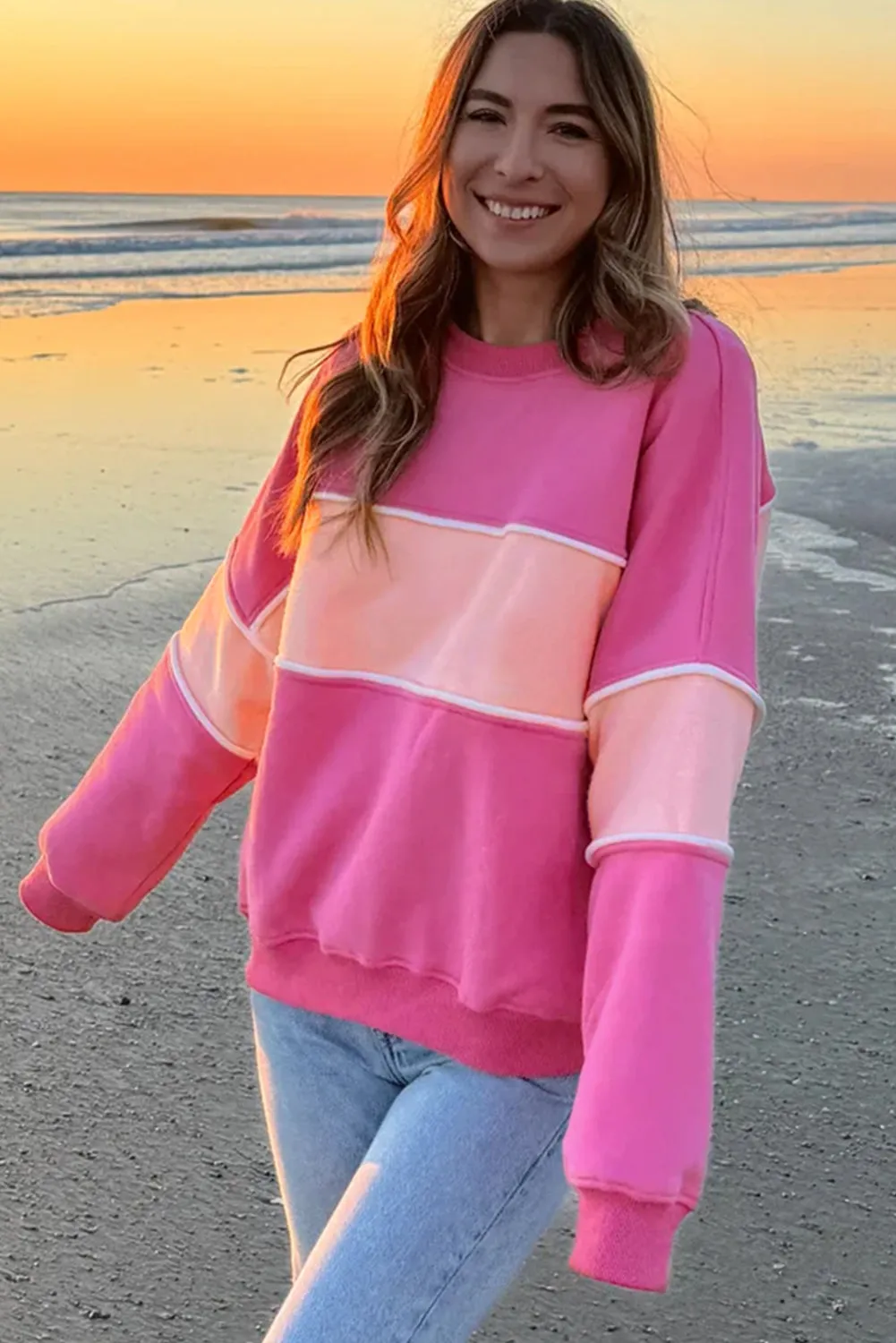 Colorblock Patchwork Drop Shoulder Ribbed Trim Sweatshirt