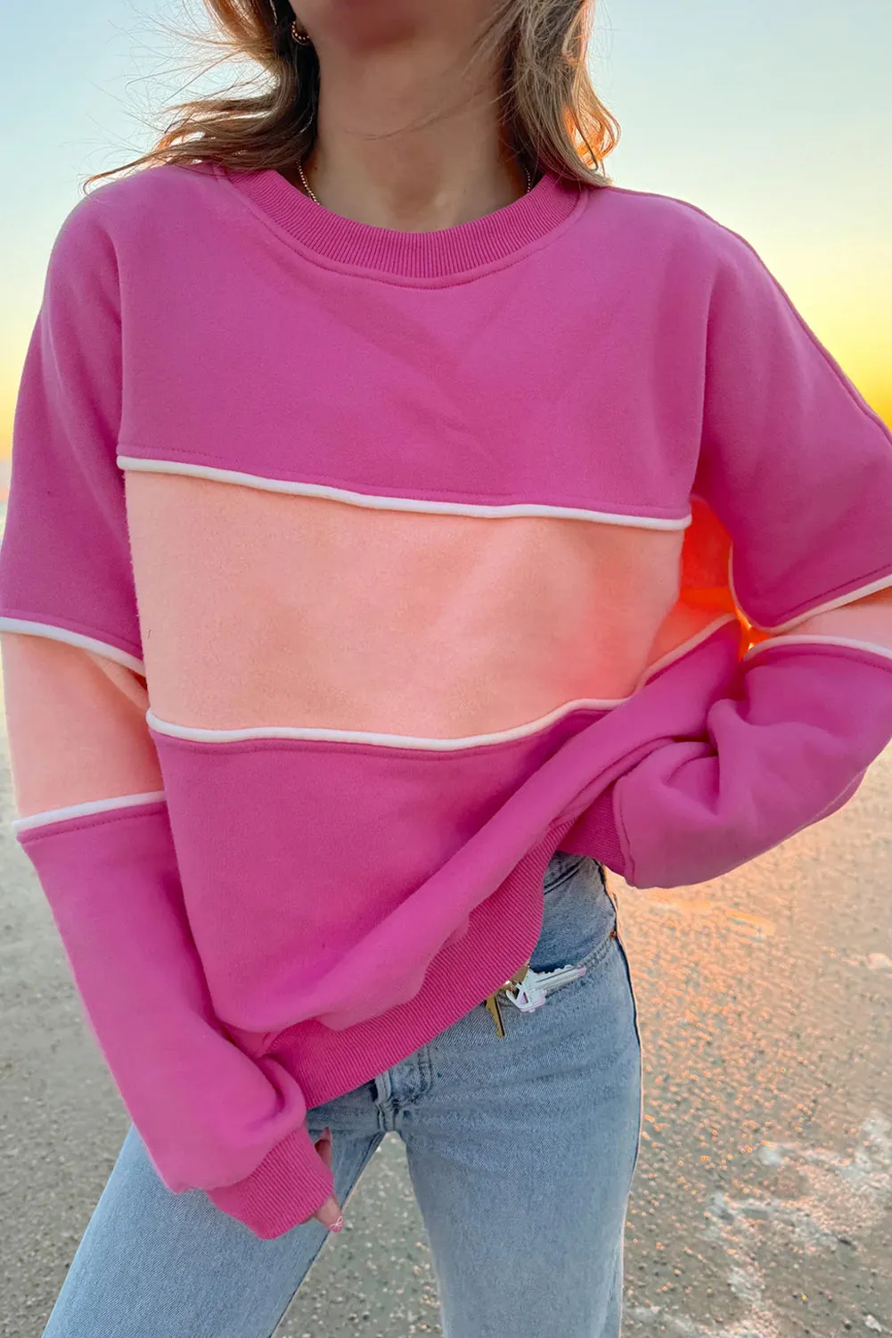 Colorblock Patchwork Drop Shoulder Ribbed Trim Sweatshirt