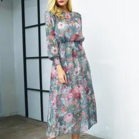 Elegant Floral Print Long Chiffon Maxi Summer Dress