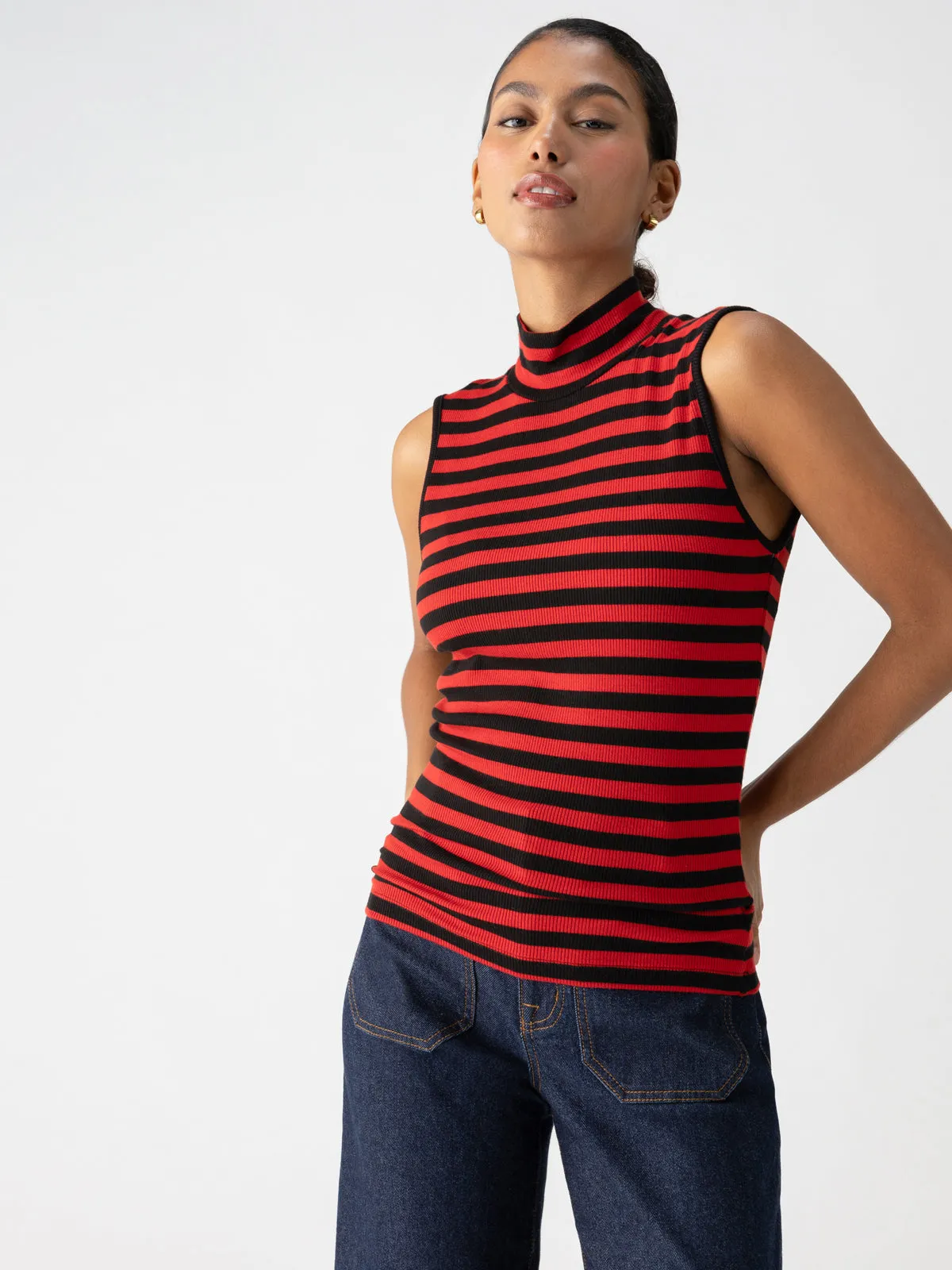 Essential Sleeveless Mock Neck Tank Black Cherry Red Stripe