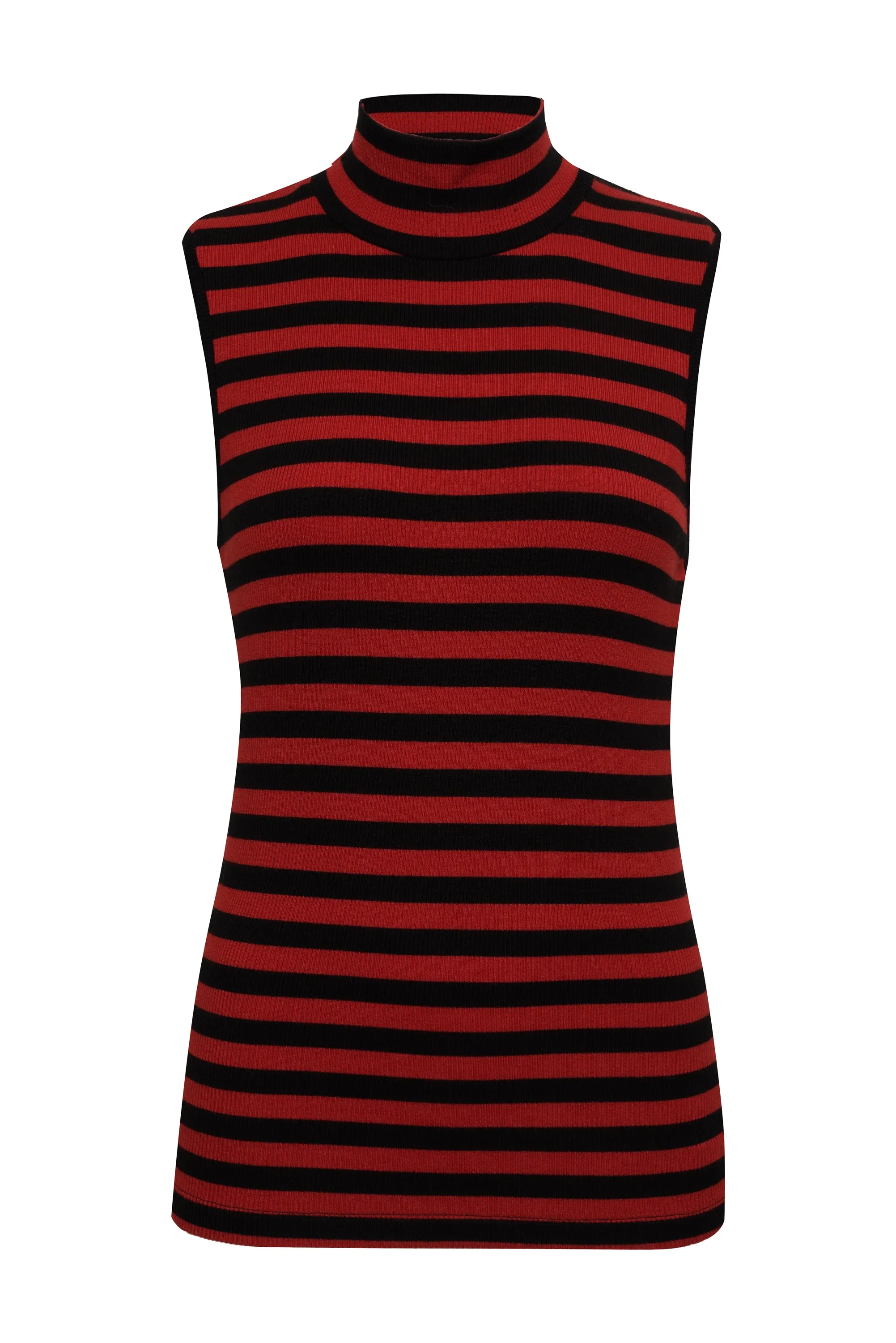 Essential Sleeveless Mock Neck Tank Black Cherry Red Stripe