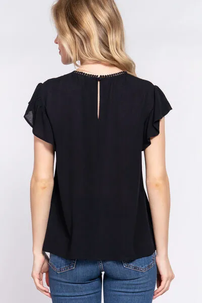 Explore More Collection - ACTIVE BASIC Ruffle Short Sleeve Crochet Blouse