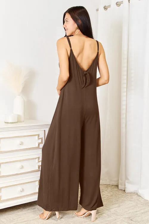 Full Size Soft Rayon Spaghetti Strap Tied Wide Leg Jumpsuit