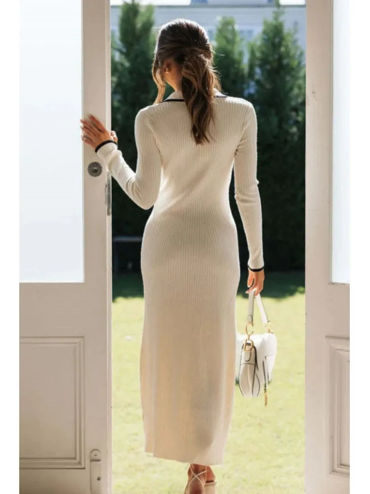 Girlary Chic Polo Patchwork Knitted Dress Women Elegant Button High Elastic Sweater Dress One Piece Dress Female Party Dress Vestidos