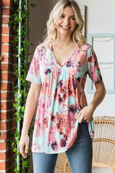 Heimish Floral V-Neck Short Sleeve Babydoll Blouse