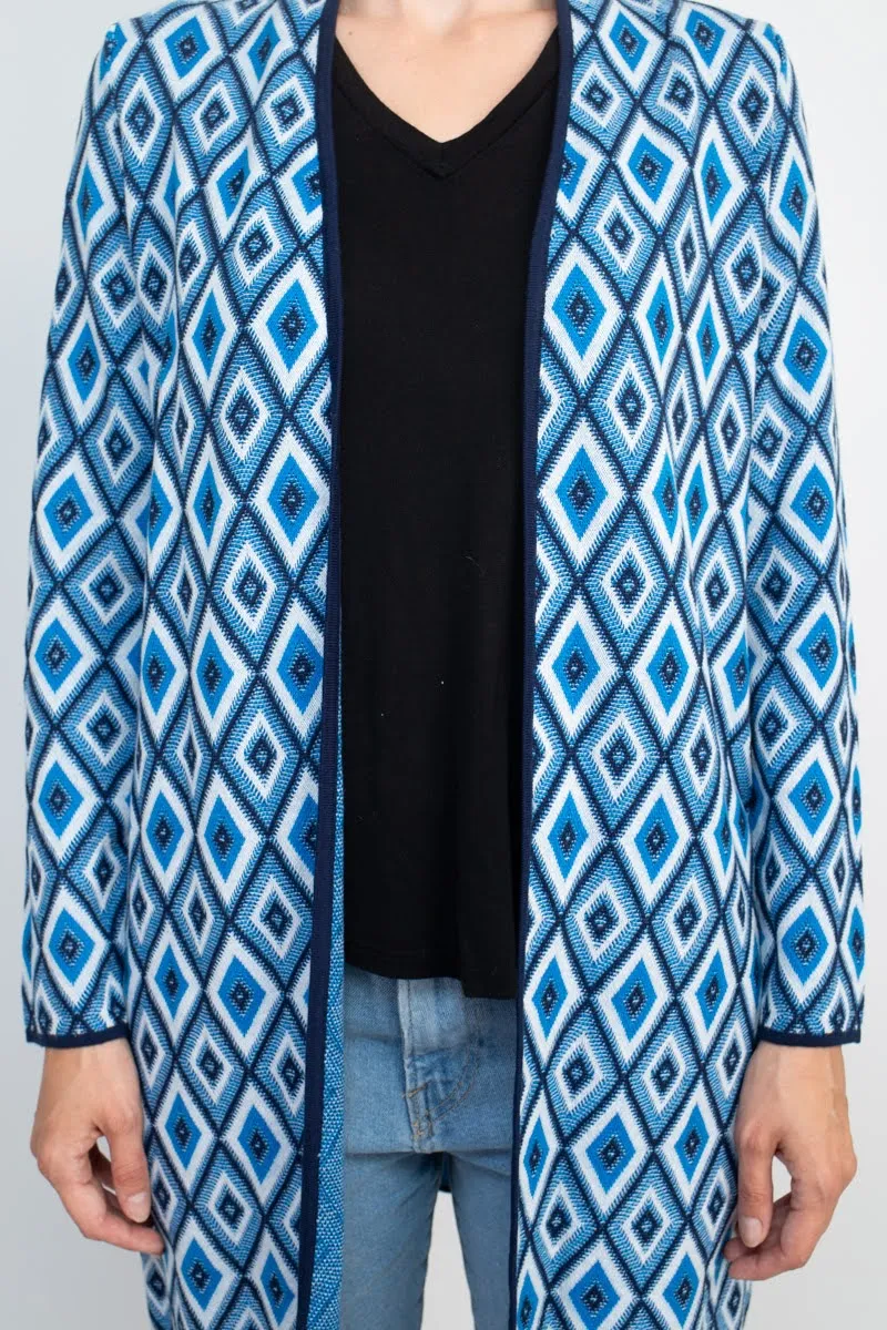 Kasper Open Front Piping Detail Diamond Jacquard Cardigan