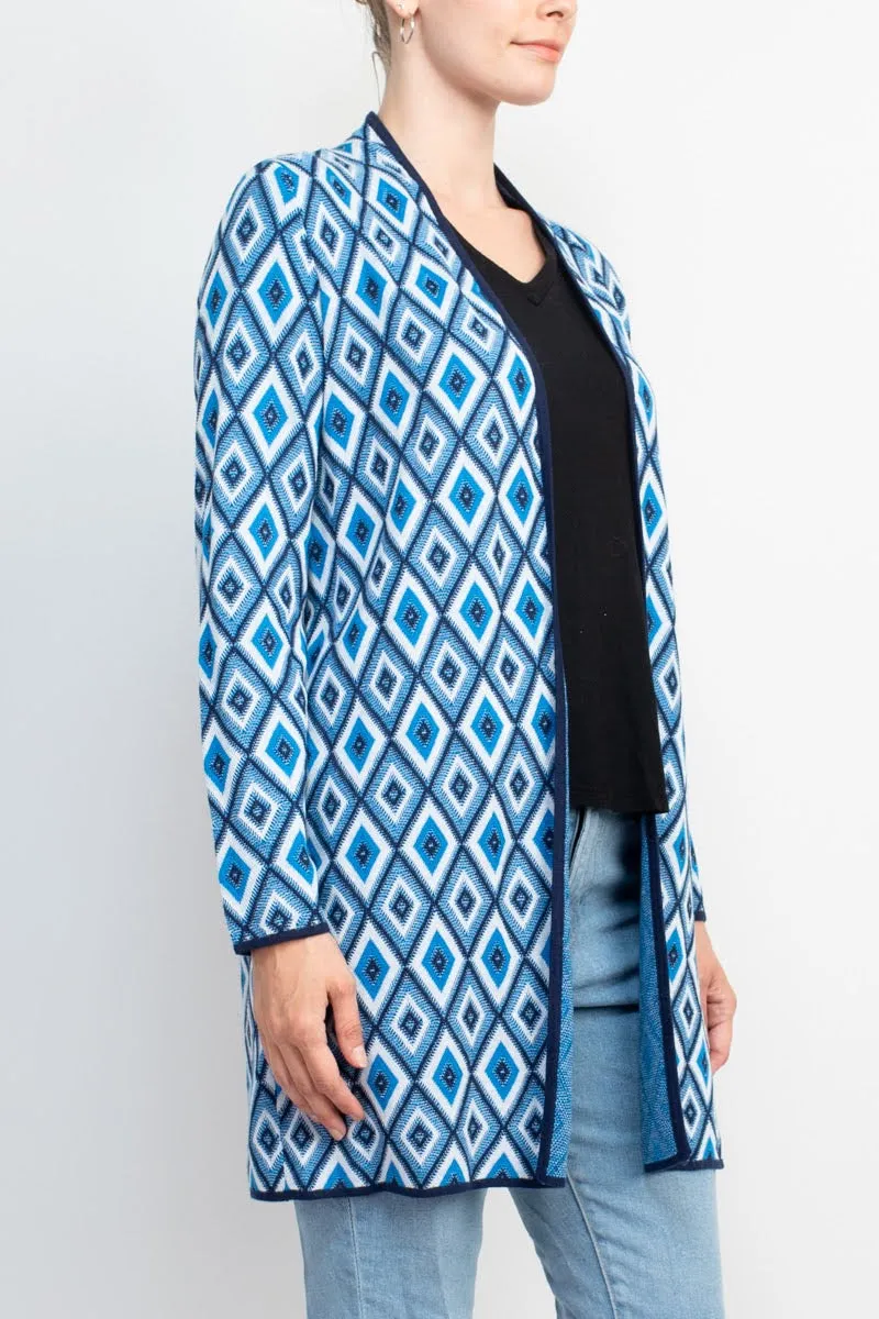 Kasper Open Front Piping Detail Diamond Jacquard Cardigan