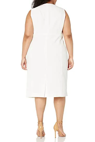 Le Suit Boat Neck Sleeveless Zipper Back Solid Slit Back Crepe Dress with Crew Neck Open Front Long Sleeve Banded Pockets Knit Jacket (Plus Size)