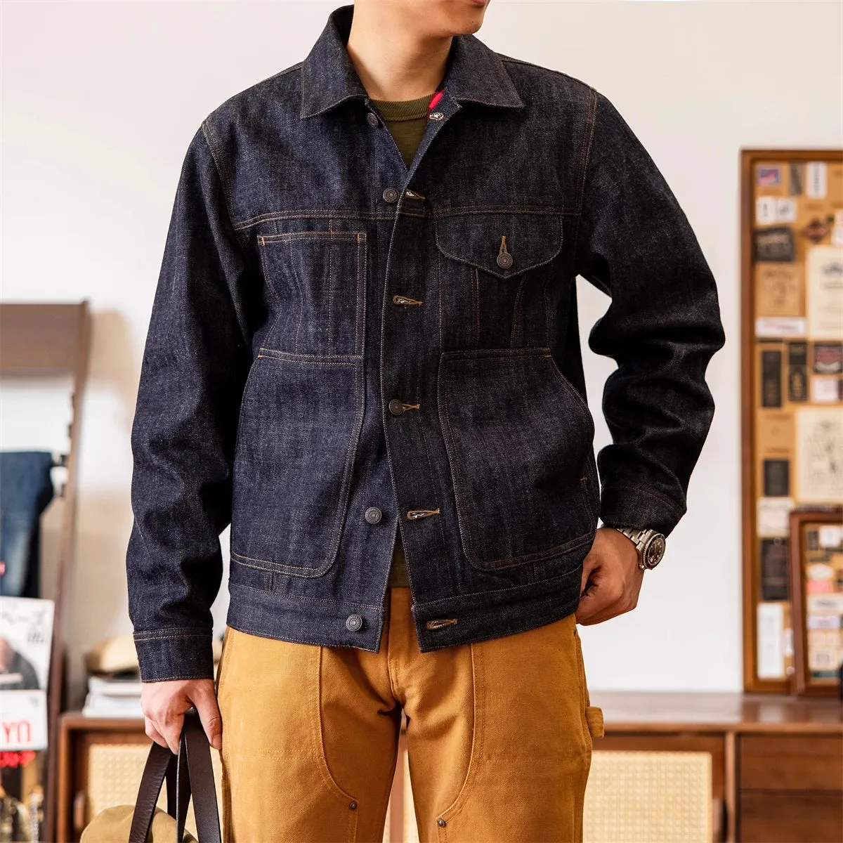 Lined Denim Cruiser Jacket Casual Style Mens Jean Outerwear