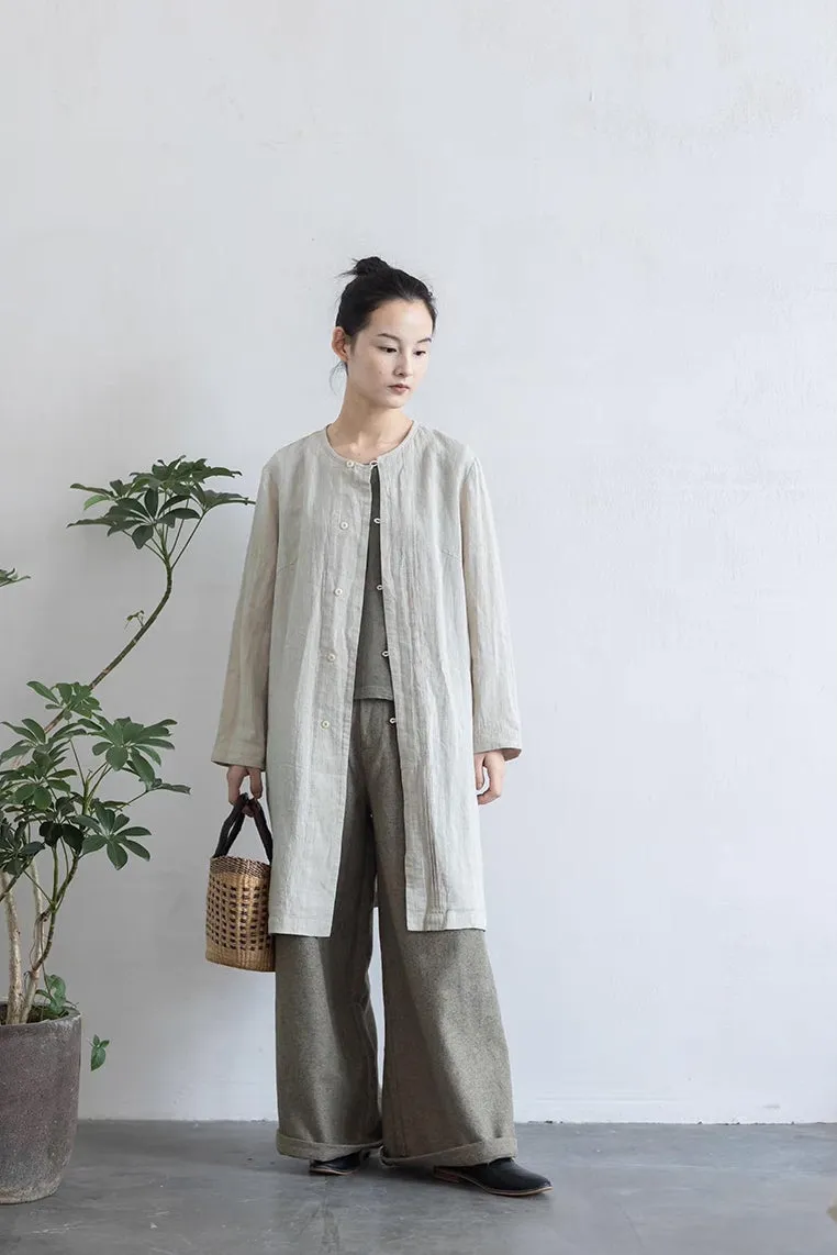 Linen Long Sleeve Button Coat in Natural