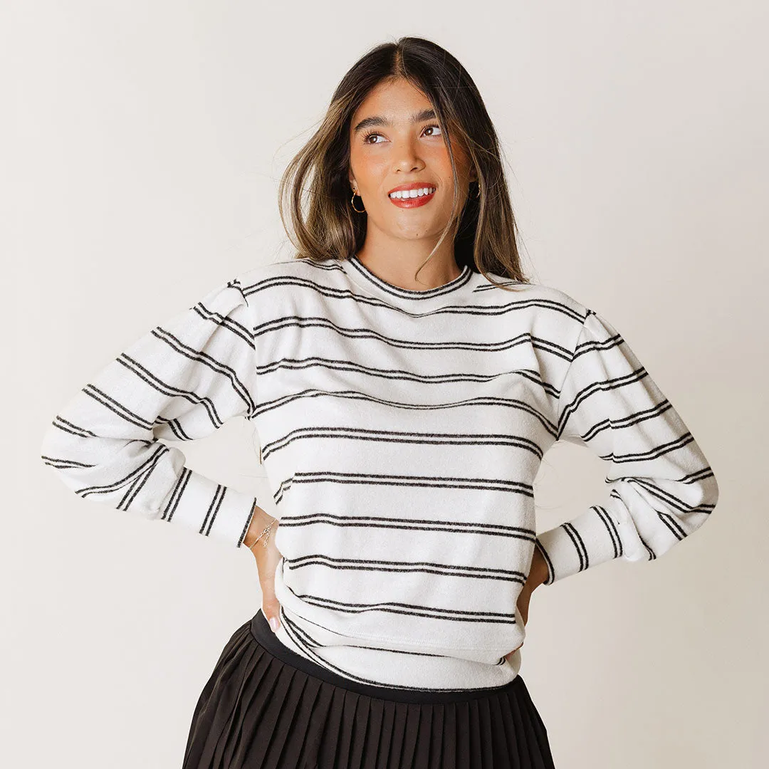 Long Sleeve Sweater, Cream and Black Stripe