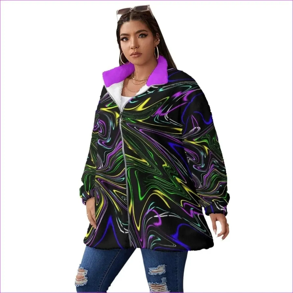 Mandala Skewed Womens Block Borg Stand-up Collar Coat With Zipper Voluptuous ( ) Plus Size