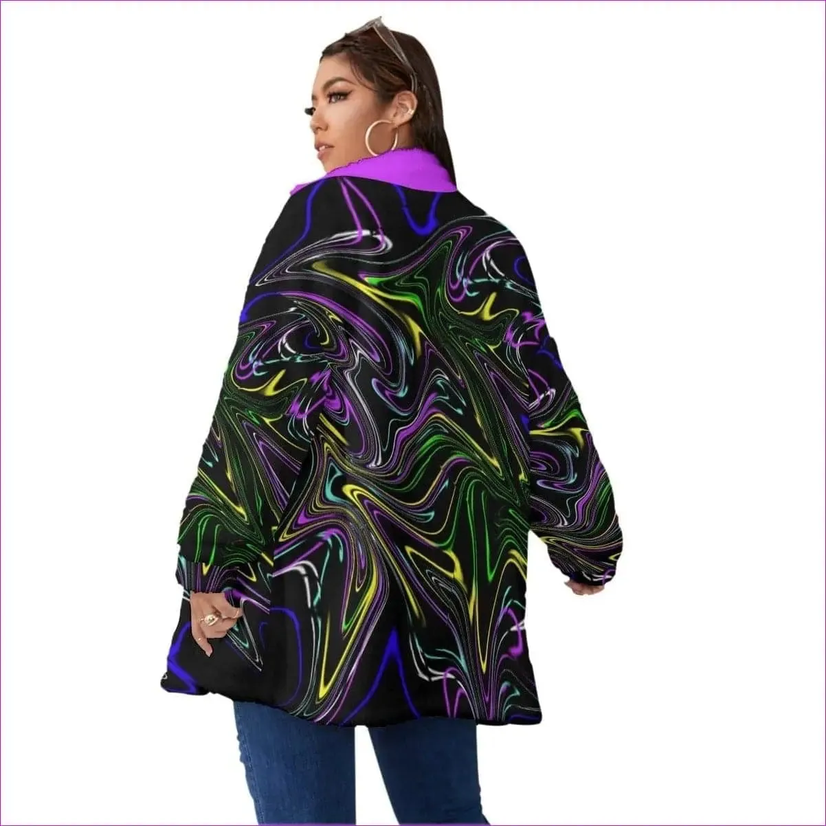 Mandala Skewed Womens Block Borg Stand-up Collar Coat With Zipper Voluptuous ( ) Plus Size