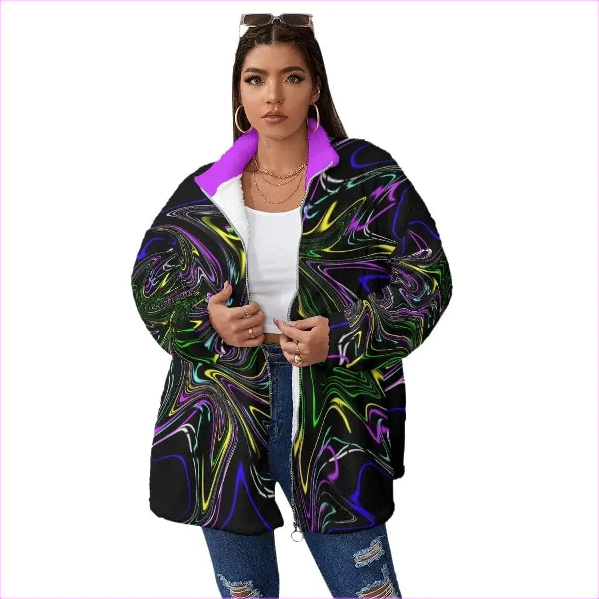 Mandala Skewed Womens Block Borg Stand-up Collar Coat With Zipper Voluptuous ( ) Plus Size