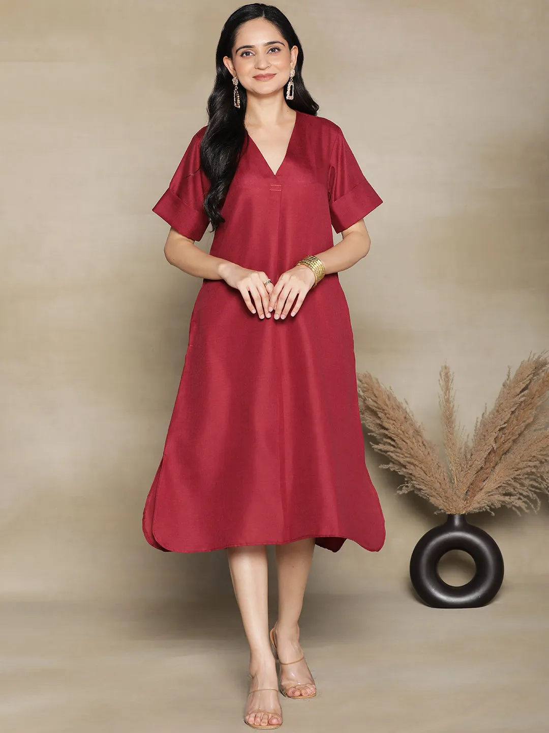 Maroon CottonSlub PleatedDress