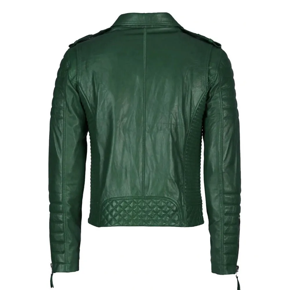 Men's Green Leather Slim Fit Biker Jacket